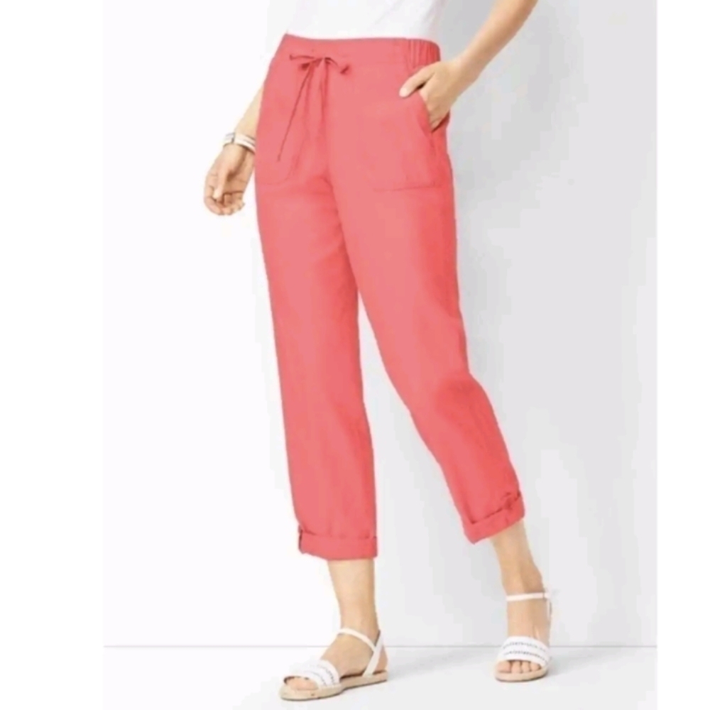 Talbots Womens Size 16P Petite Cropped Pull On Pants Coral Pockets Tie Waist NWT